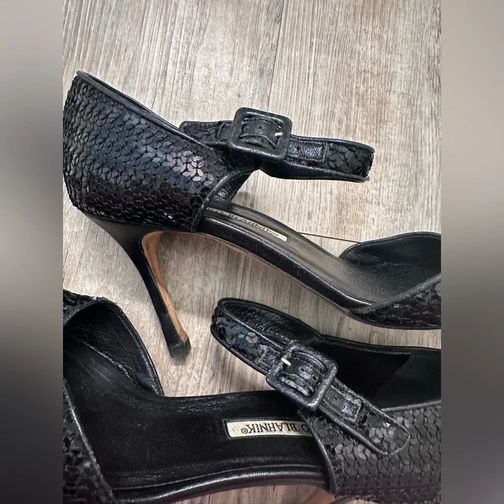 Manolo Blahnik Caldo Sequined Black Ankle Strap Peep Toe Stiletto Heels